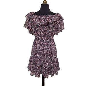 Womens Ditsy Floral Dress Size Small Pink Black Ruffled Floral Tea Rose Tiered